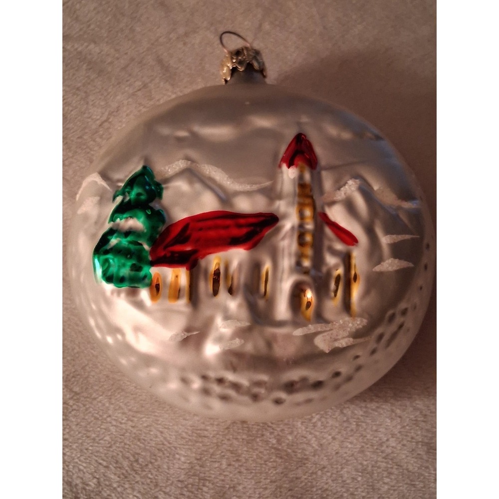 Vintage West Germany 4" Double Sided Church Village Glass Christmas Ornament